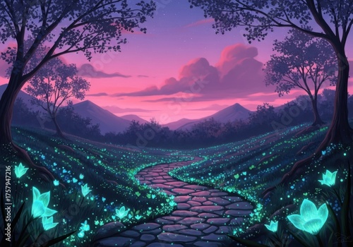 Enchanting forest path with glowing flora at sunset isolated on white background