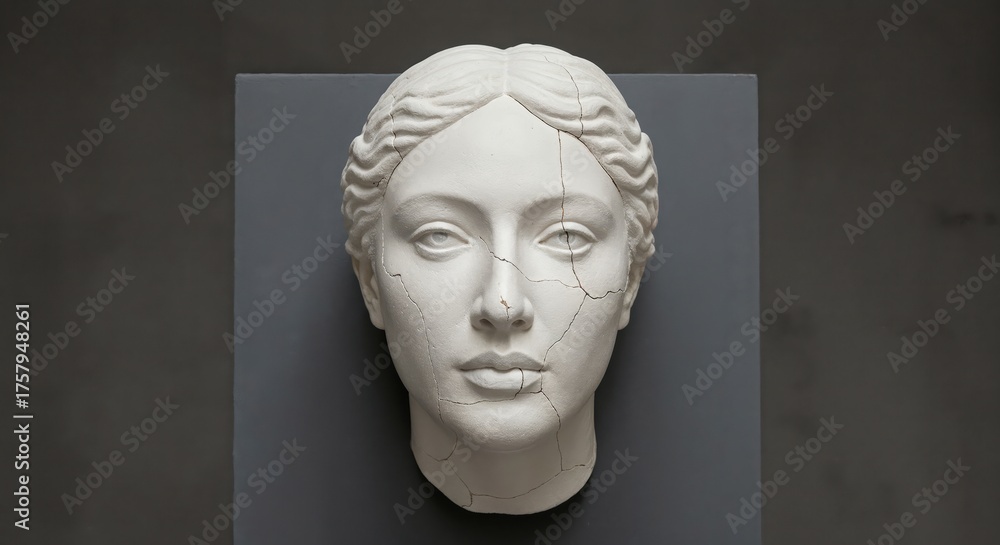 Obraz premium Ancient Beauty: A classical sculpted head, showcasing serene beauty and timeless artistry, stands as a testament to the aesthetic ideals of antiquity, capturing an essence of refined elegance.