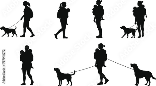 Black and white silhouette vector illustration of person walking dog while carrying baby in front carrier, multiple poses and interactions shown