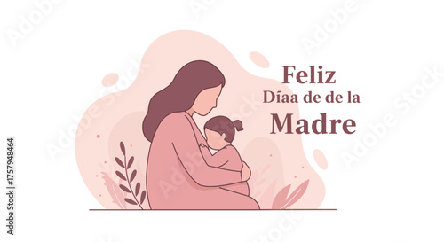 Mother Holding Child Illustration in Soft Pink Tones for Mother's Day Celebration