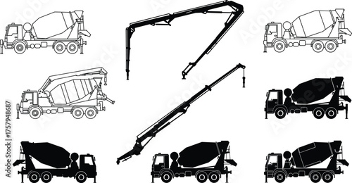 Black and white vector illustration set of concrete mixer trucks and concrete pump trucks with construction equipment details for industrial design