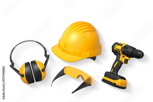 Protective gear featuring helmet, earmuffs, and goggles isolated on white background with clipping path, concept of safety