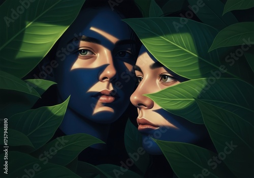 Artistic portrait of two faces peeking through green leaves isolated on white background