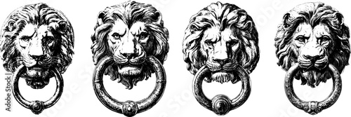 Lion head door knocker vector illustration in vintage 16th century engraving style on transparent background