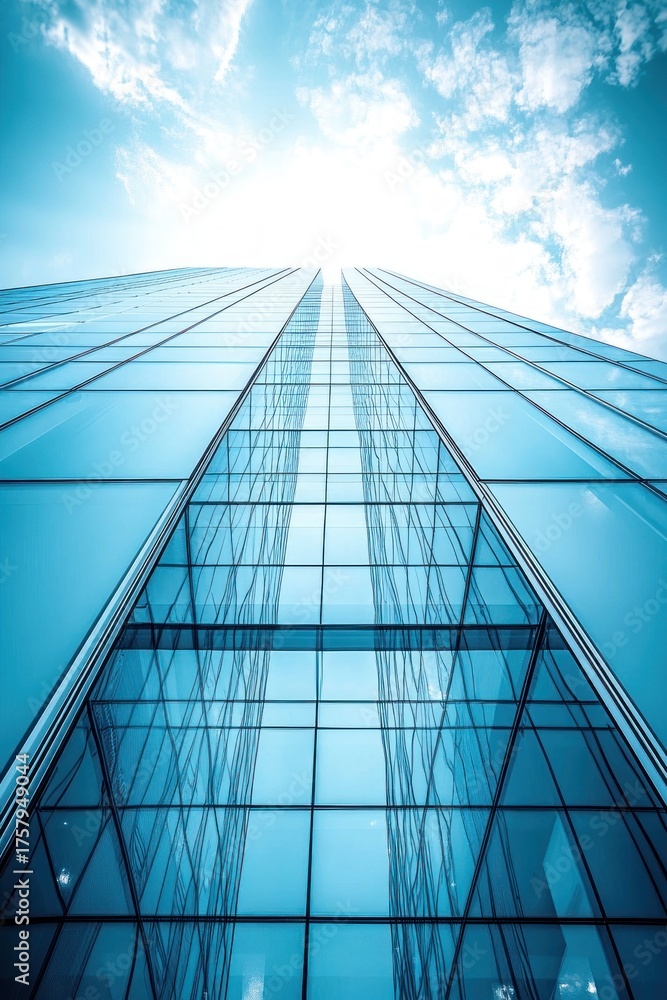 Obraz premium Looking up at a modern glass skyscraper reflecting a bright partly cloudy sky with sun shining above, creating a sense of height and openness