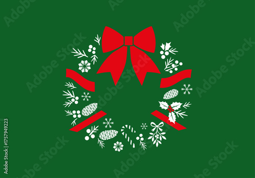 Corona Navideña con listones. Silueta de adorno para navidad, con copos de nieve, muérdagos y dulce