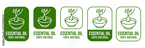 Essential oil drop icon beauty and skincare natural product certificate label. Essential oils sticker logo for body lotion, cream, shampoo, moisturizer, spa wellness fragrance. Vector Illustration.