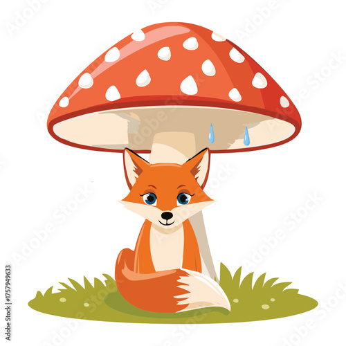 Small Fox Character Sitting Under a Large Red Toadstool Mushroom Protecting Itself from the Rain
