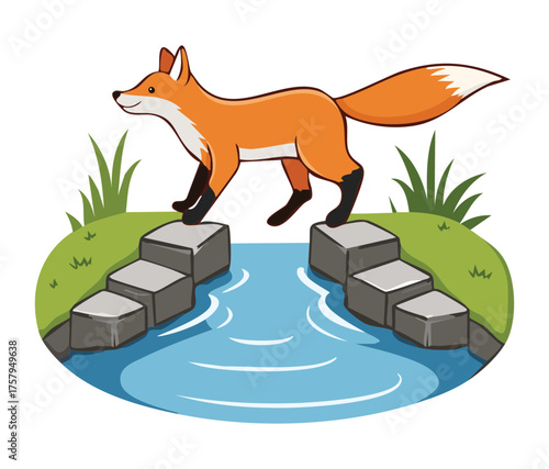 Agile Wild Fox Jumping Over a Small Water Stream Using Stepping Stones in a Green Forest Scenery
