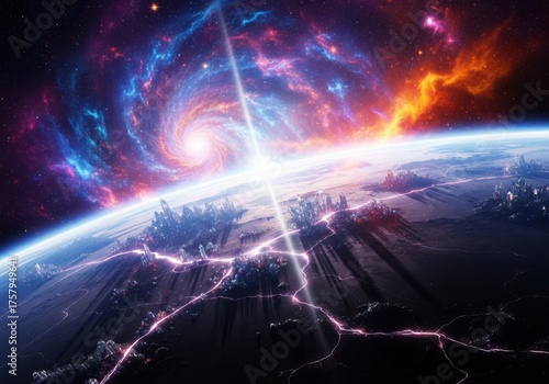 Cosmic explosion over planet earth isolated on white background