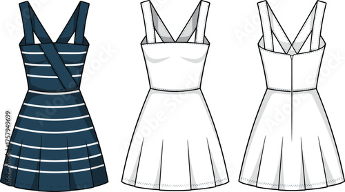 Sleeveless dress fashion sketch, striped and plain variation, fitted bodice, flared skirt, cad drawing flat vector illustration, apparel design