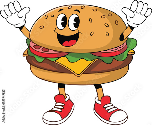 Cartoon hamburger character, smiling food mascot, vector illustration, anthropomorphic burger with gloves and sneakers, fun fast food design, cad drawing