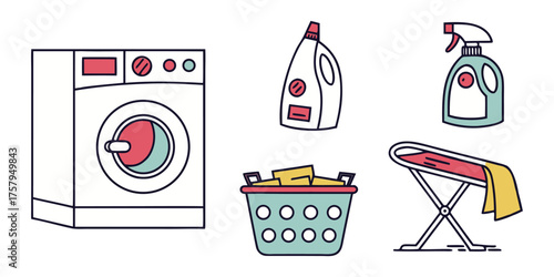 Laundry Room Elements Icons. Washing Machine Detergent Spray Bottle Basket and Ironing Board Illustration. Minimalist Flat Design on Transparent Background.