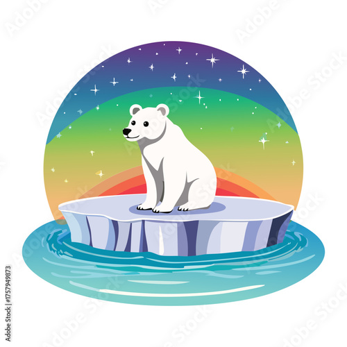Little Polar Bear Cub Sitting Peacefully on a Small Ice Floe Floating in the Cold Ocean