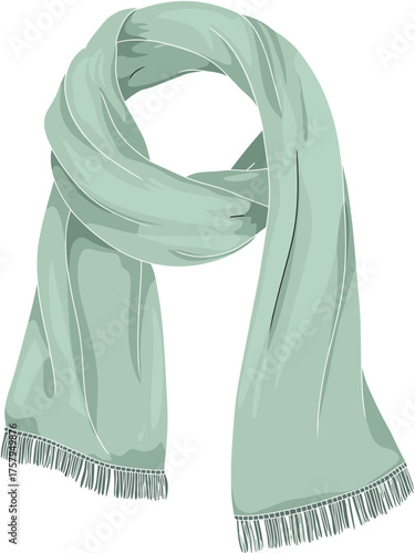 Light green scarf with fringes, looped neckwear accessory, winter fashion garment, soft fabric texture, stylish clothing item, cad drawing flat vector illustration
