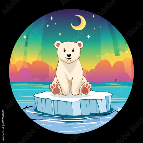 Polar Bear Cub Sitting on an Ice Floe Under a Crescent Moon and Starry Night Sky Cute Cartoon