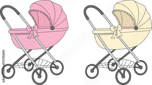 Pink and cream baby strollers, vintage pram design, decorative lace canopy, infant carriage, nursery transport, cad drawing flat vector illustration