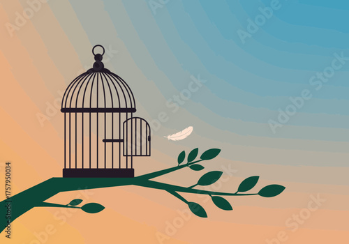 Birdcage on a Branch with Feather Symbolizing Freedom.