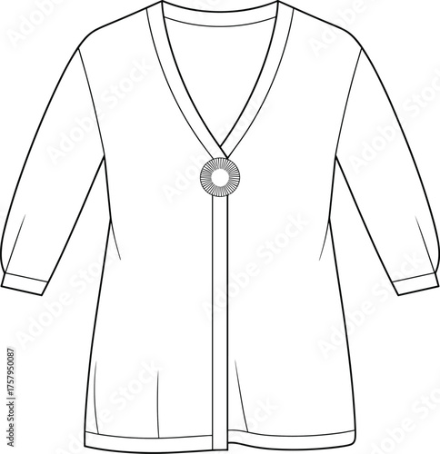 Women's cardigan fashion sketch, V-neck tunic top, three-quarter sleeve garment, flat technical drawing, apparel design, cad vector illustration