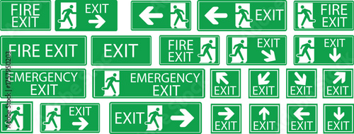 Emergency Exit Icon set. Vector illustration of running man and exit door sign. Escape and evacuation symbol. Various exit sign isolated white background.Evacuation and relocation of people to safety.