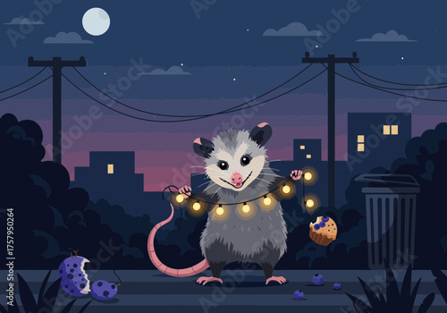 Charming Opossum with String Lights and Blueberry Muffin.