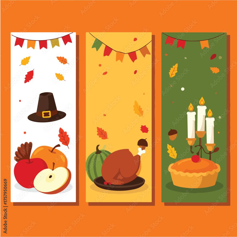 Obraz premium Digital illustration of three Thanksgiving-themed banners with fall decorations and food on white, yellow, and green backgrounds.