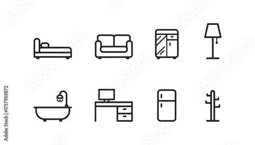 Home Furniture, Interior Design, and Living Space Icon Set in a Minimalist Outline Vector Design, Featuring Bed, Sofa, Wardrobe, Floor Lamp, Bathtub, Desk, Refrigerator, and Coat Rack
