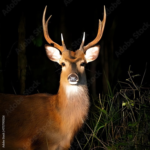 Frontal portrait of a deer with large antlers at night in a forest