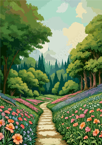 Garden walkway bordered by trimmed hedges