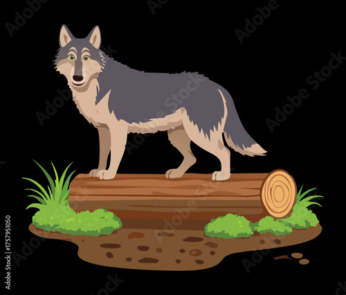 Wild Gray Wolf Standing Firmly on a Cut Tree Trunk in a Natural Forest Environment Wildlife Animal Vector Artwork