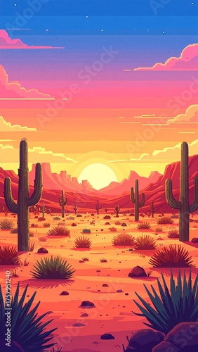 A breathtaking desert landscape features tall cactus plants silhouetted against vibrant orange and purple hues of a sunset, with distant mountains adding depth.