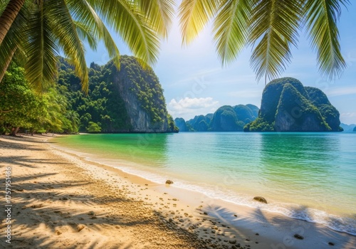 Tropical beach paradise with palm trees and limestone cliffs isolated on white background