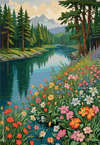 Wildflowers blooming near tranquil riverside