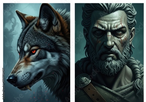Fantasy wolf and warrior portrait isolated on white background