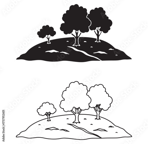 Black and white landscape illustration featuring silhouette trees and hillside scenes