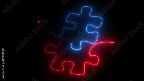 Abstract neon glowing one line Puzzle pieces continuous. Problem solving and solution business metaphor.Jigsaw puzzle piece flat icon for apps and websites.