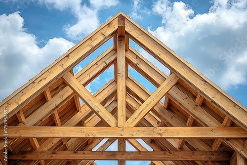 Perspective view of a wooden roof frame structure with intersecting beams under a blue sky with scattered clouds