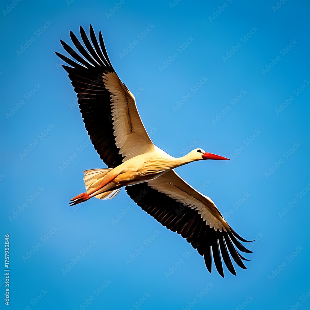 Fototapeta premium A white bird with black wing tips soars against a bright blue sky