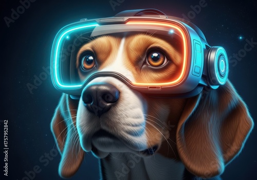 Beagle dog wearing futuristic vr headset isolated on white background