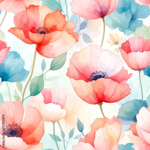 A vibrant, seamless watercolor floral pattern featuring an array of colorful blossoms, delicate leaves, and soft brush strokes, perfect for textiles or wallpapers.