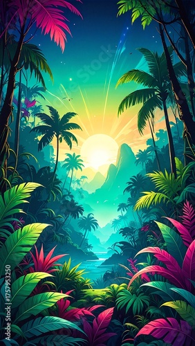 Lush tropical jungle background featuring tall, swaying palm trees under a bright sun, casting dappled light on vibrant green foliage and exotic plants.