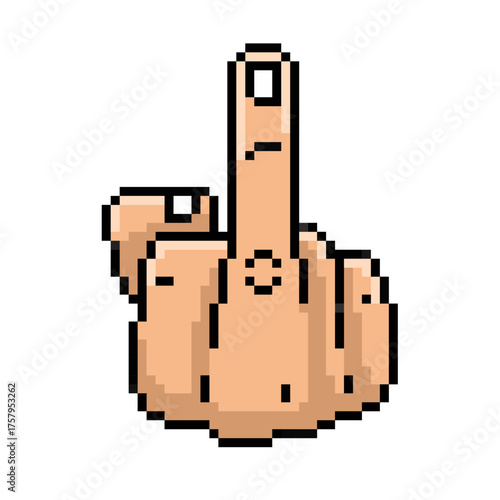 Pixel middle finger vector. Ideal for gesture, defiance, and contempt themes. This digital graphic is perfect for game, retro game, or 8 bit design projects and assets related to rude action.