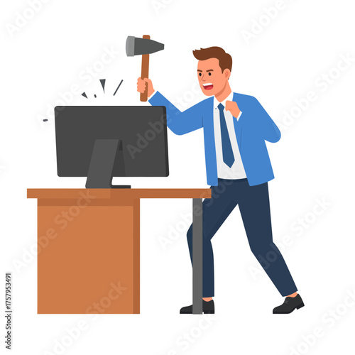 Frustrated Businessman Destroying Computer with Hammer in Office.
