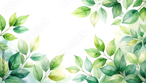 A vibrant watercolor background featuring an array of lush green leaves in various shapes and sizes, blending seamlessly with soft, pastel hues.