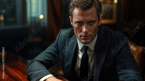 Stylish man in a suit sitting at a table in a dimly lit restaurant during evening hours