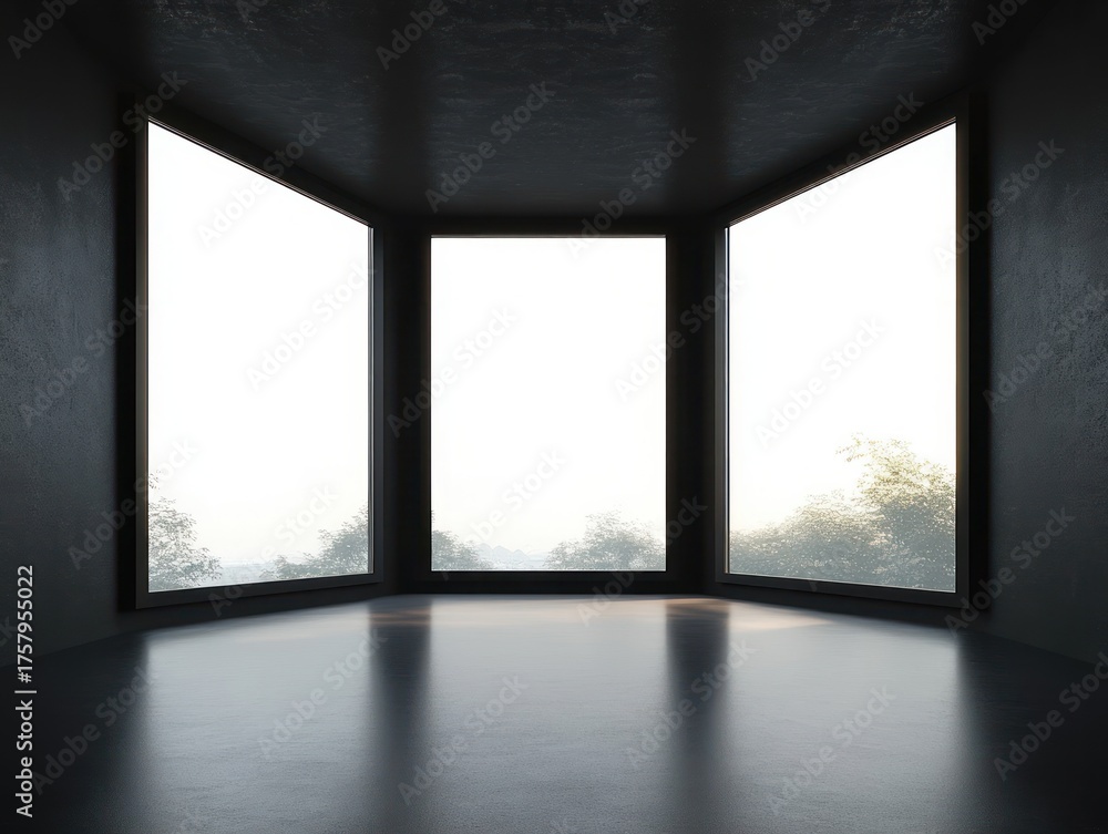 Fototapeta premium Empty dark room with three large corner windows revealing bright outdoor scenery with trees and soft natural light