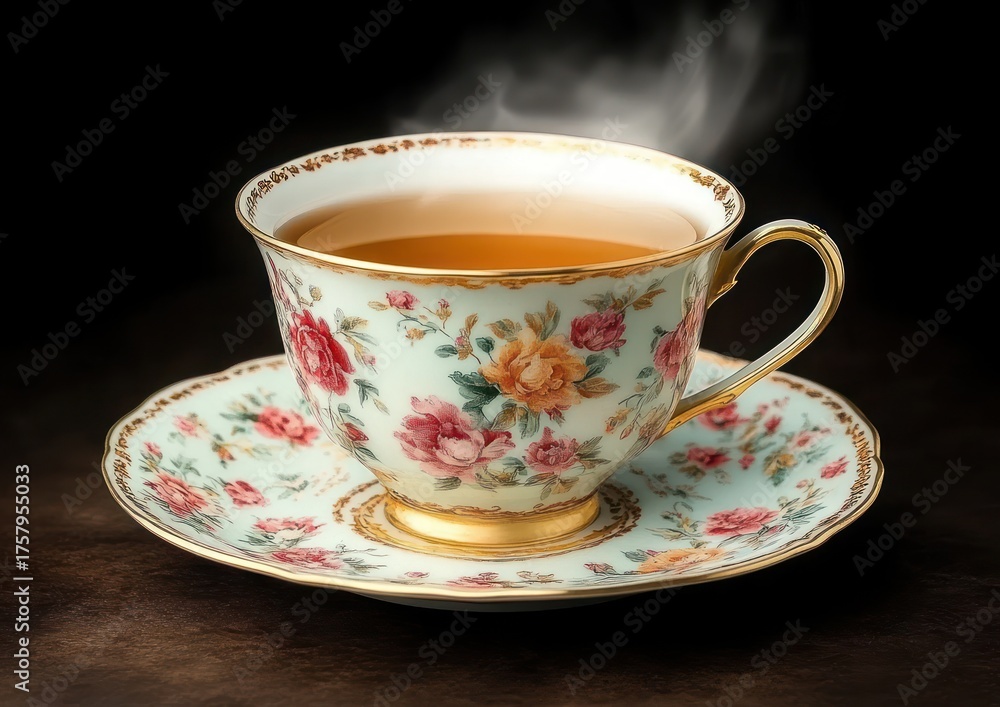 Fototapeta premium Steaming hot tea served in delicate floral patterned porcelain teacup with matching saucer on dark background