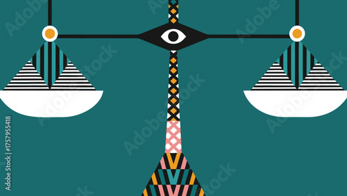 Abstract scales of justice art with eye symbol, a modern geometric concept of balance and law, perfect for legal professionals and creative projects