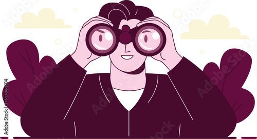 Enthusiastic person seeks opportunity with binoculars against a whimsical backdrop, perfect for vision, exploration, and new horizons concepts