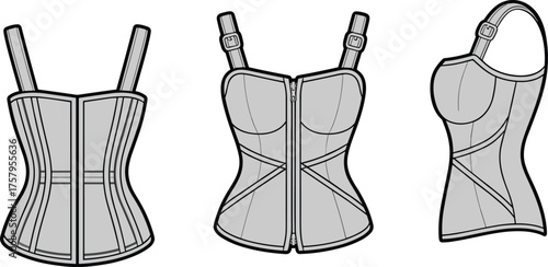 Corset top sketch, fashion design template, technical garment illustration, structured bustier drawing, apparel construction, vector outline, front, side, back view